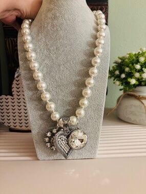 Pearl Necklace with Heart and Rhinestone Charms